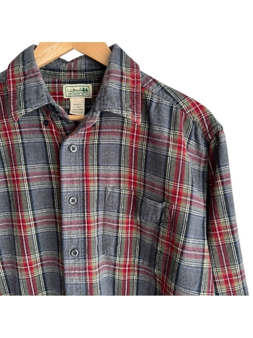 LL Bean Plaid Flannel Work Shirt Large Tall Grey Red Button Down Long Sleeve GUC